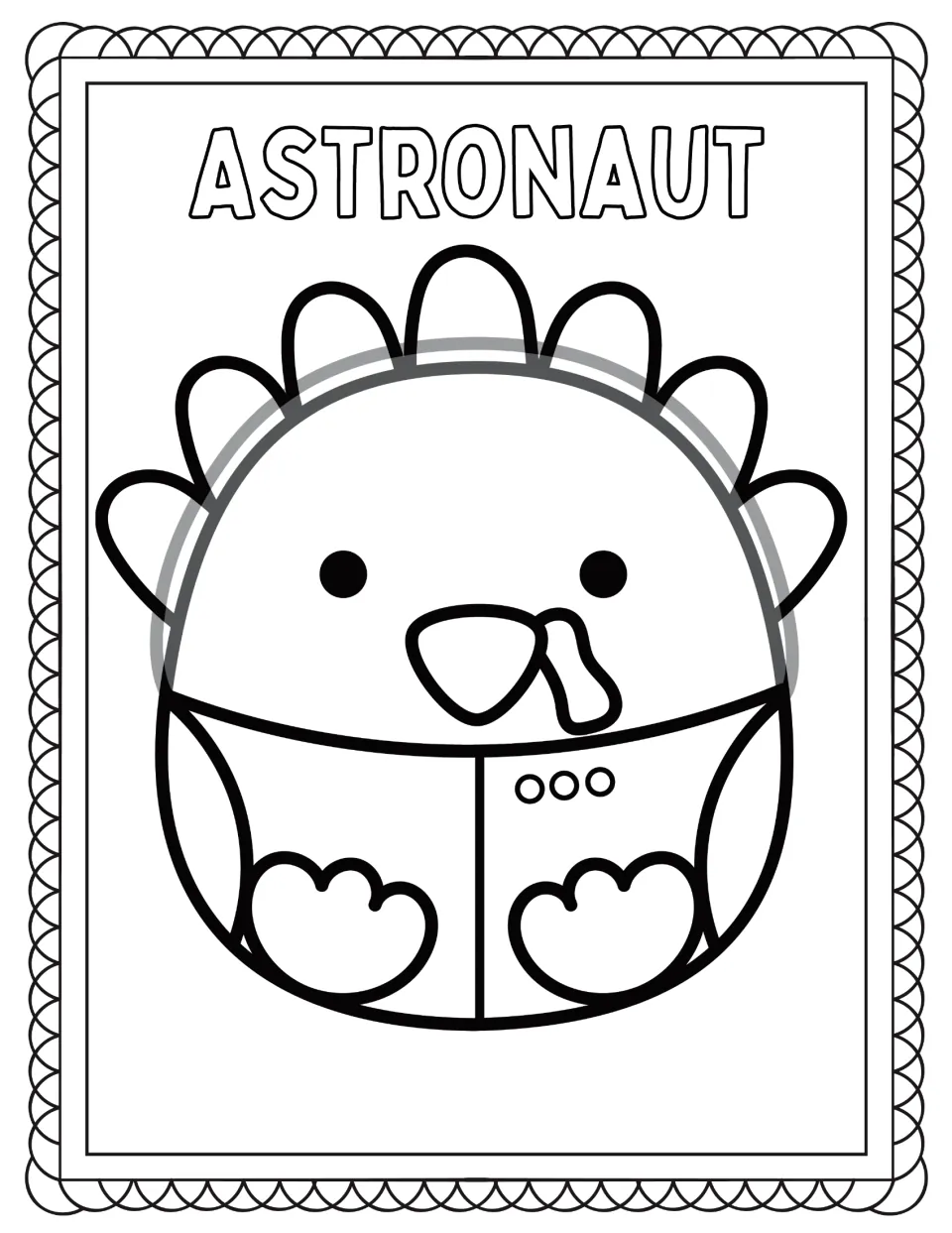 Turkey disguise coloring page labeled ASTRONAUT, featuring a turkey wearing a space helmet and suit.