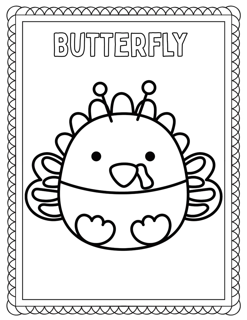 Turkey disguise coloring page labeled BUTTERFLY, featuring a turkey with antennae and patterned wings.