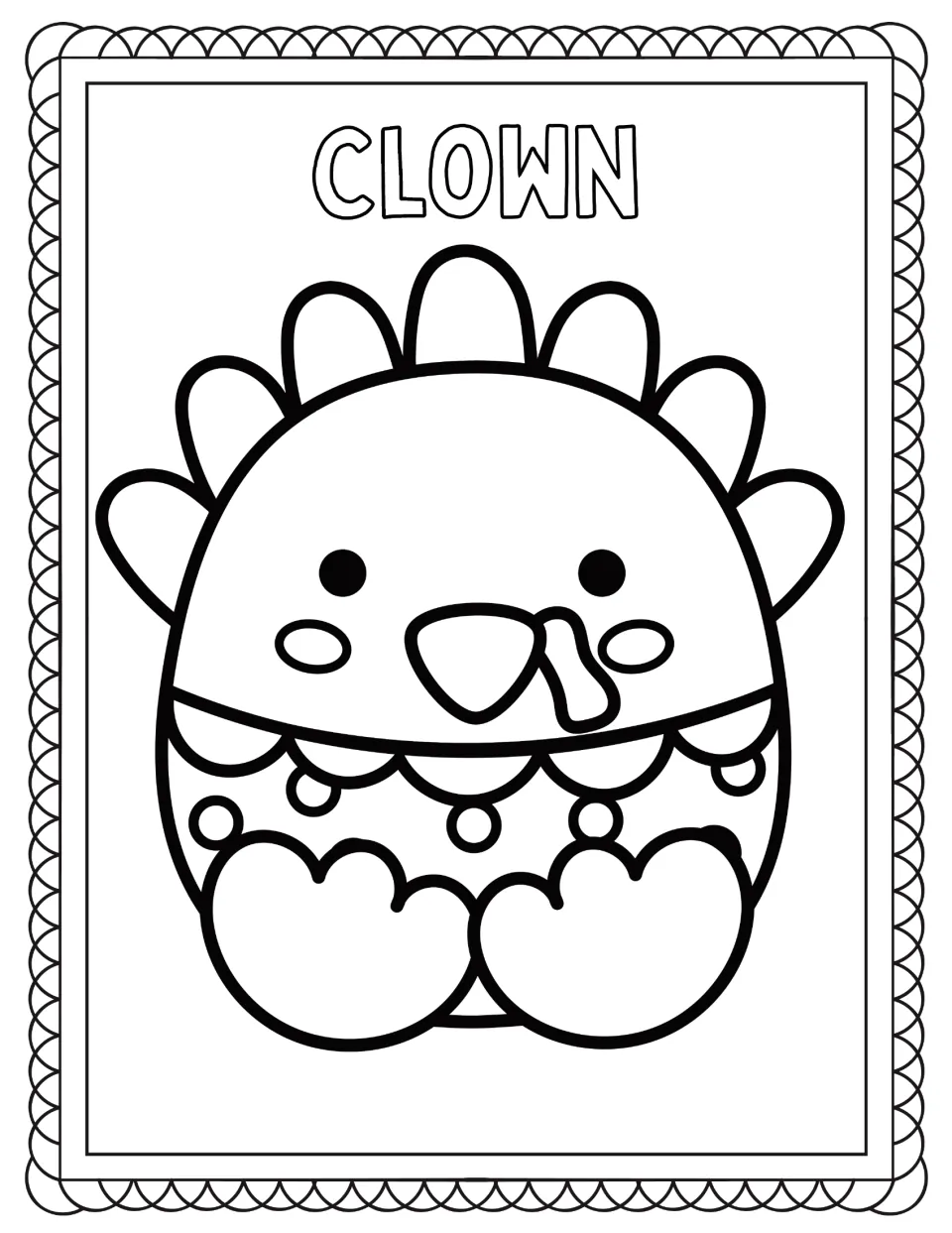 Turkey disguise coloring page labeled CLOWN, featuring a turkey with cheek circles and a dotted costume.