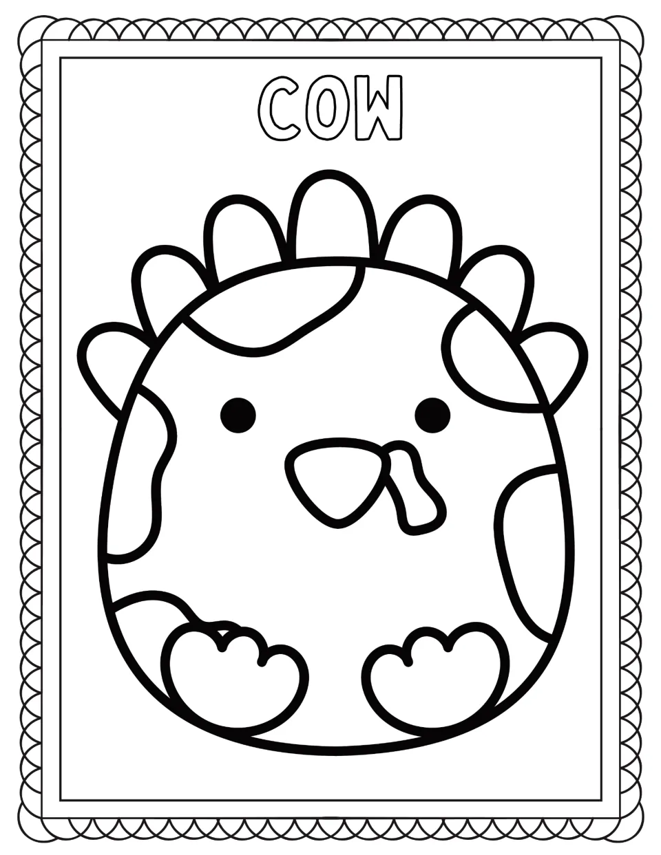 Turkey disguise coloring page labeled COW, featuring a turkey covered in large cow spots for coloring.