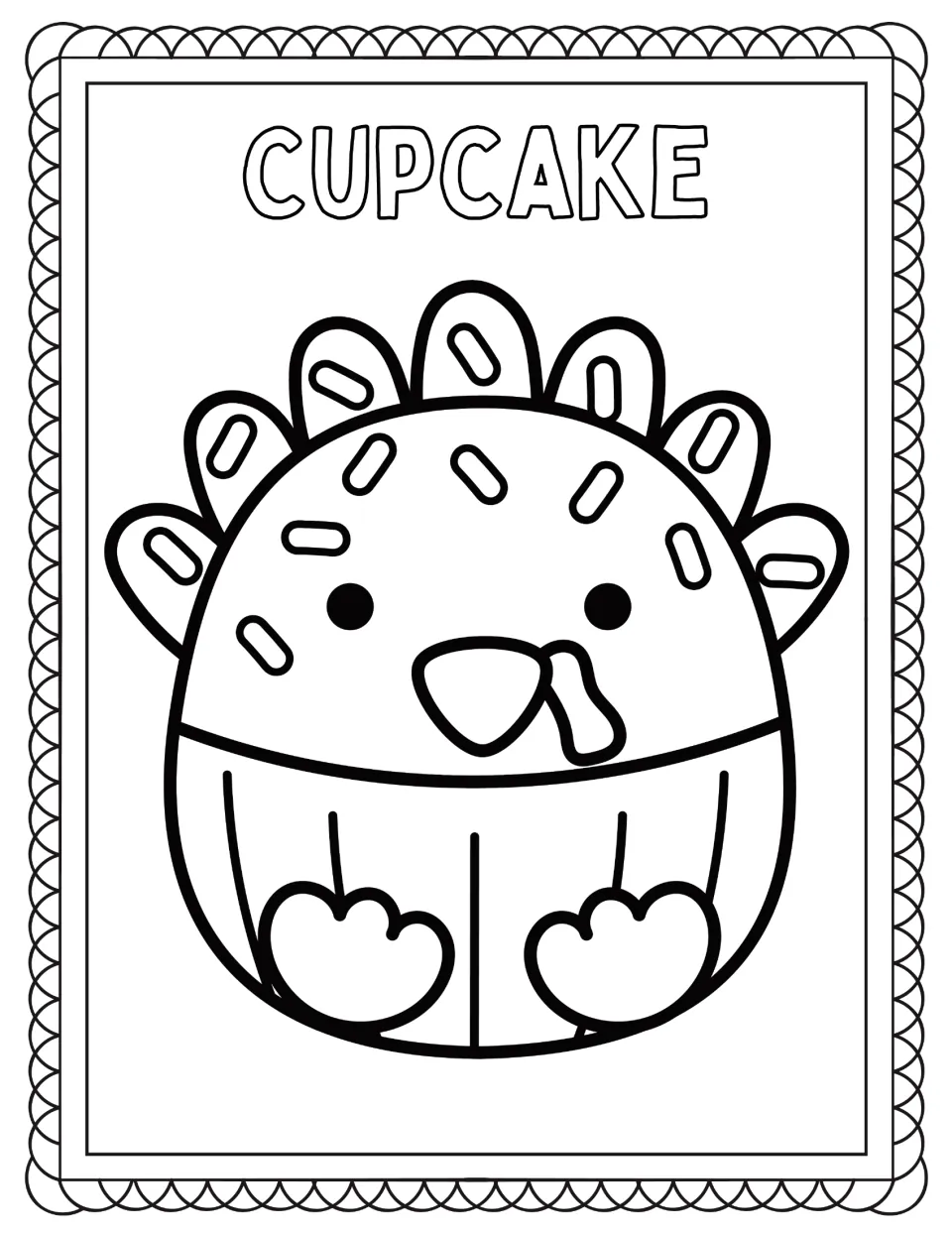 Turkey disguise coloring page labeled CUPCAKE, featuring a turkey with sprinkles and a cupcake wrapper.