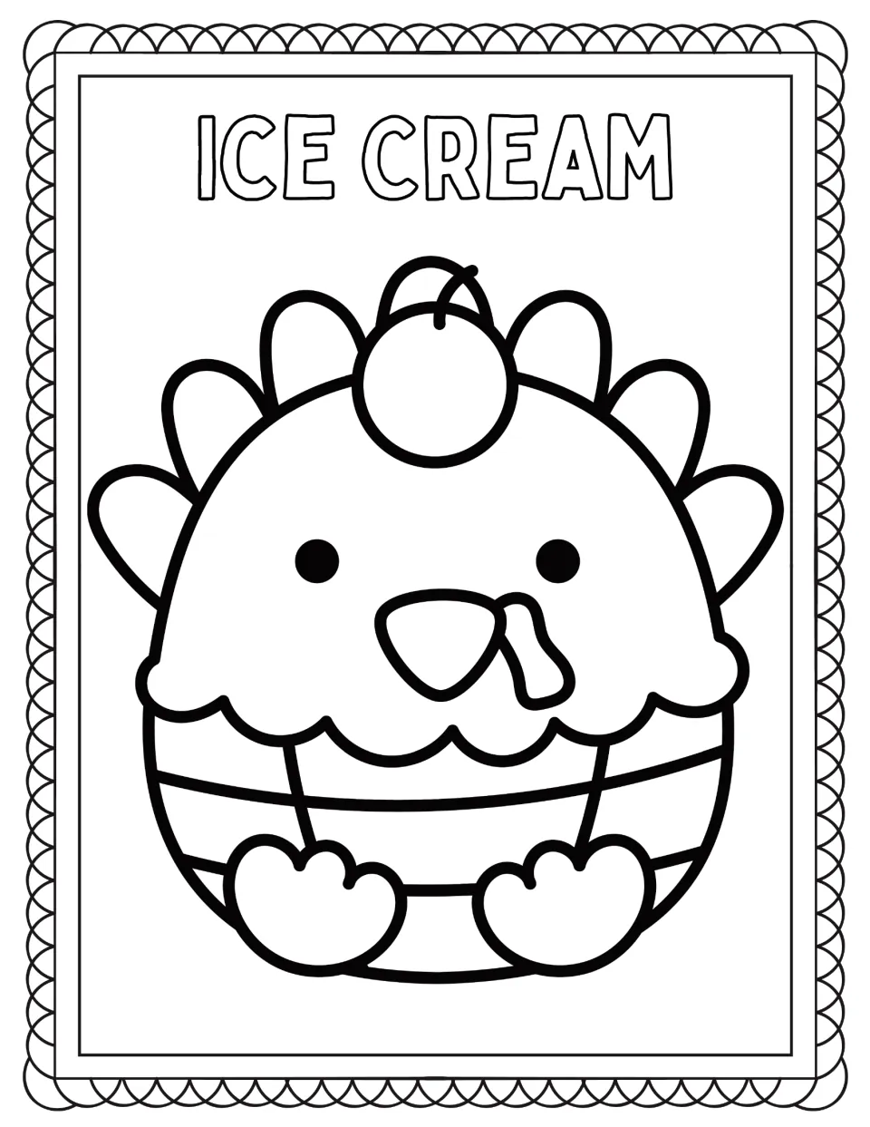 Turkey disguise coloring page labeled ICE CREAM, featuring a turkey as a scoop with a cherry on top.