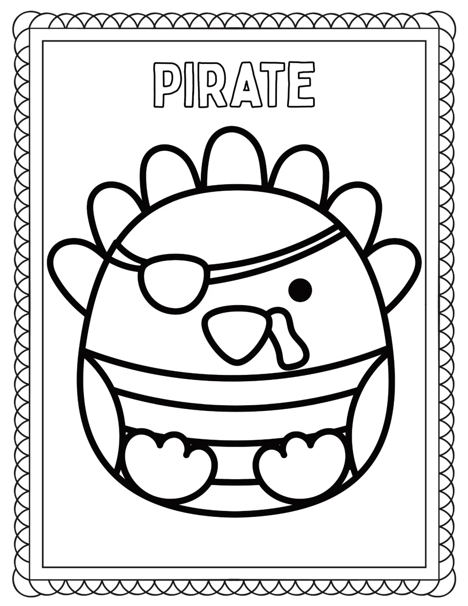 Turkey disguise coloring page labeled PIRATE, featuring a turkey wearing an eye patch and striped shirt.