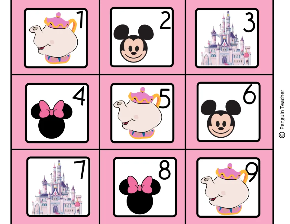 Calendar date cards 1 to 9 on pink, each number paired with a teapot, Mickey head, castle or Minnie bow picture