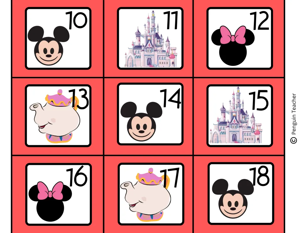 Calendar date cards 10 to 18 on red, each number shown with a Mickey head, castle, Minnie bow or teapot picture