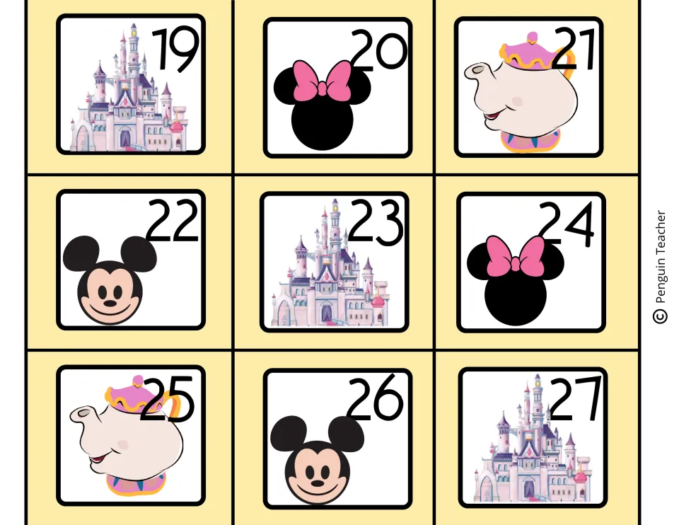 Calendar date cards 19 to 27 on yellow, numbers shown beside castle, Minnie bow, teapot and Mickey head pictures