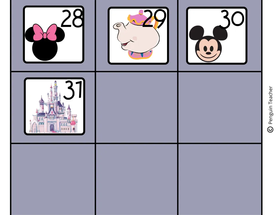 Calendar date cards 28 to 31 on purple with Minnie bow, teapot, Mickey head and castle pictures; rest of sheet blank