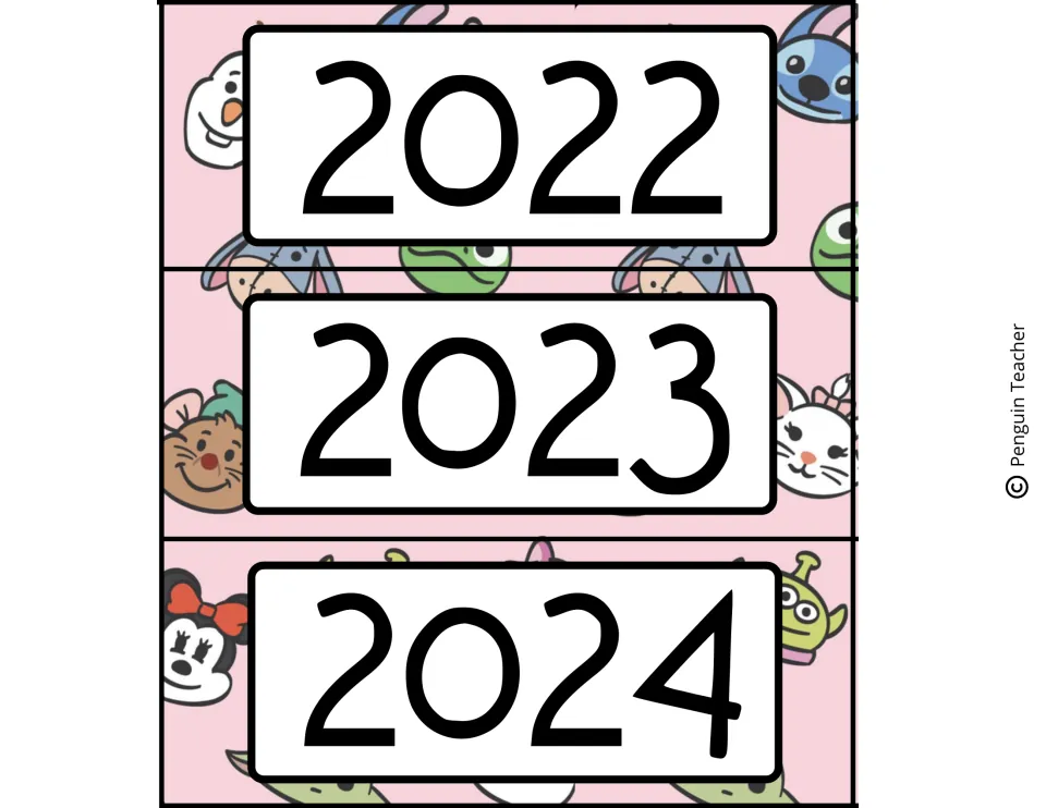 Year labels 2022, 2023 and 2024 to cut apart, set on a pink background of cartoon character faces