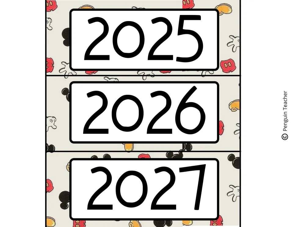 Year labels 2025, 2026 and 2027 to cut apart, on a cream background of Mickey ears, gloves and shoes