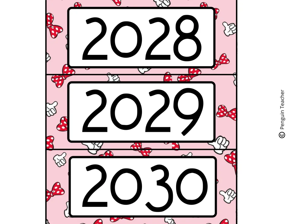 Year labels 2028, 2029 and 2030 to cut apart, on a pink background of red polka-dot bows and white gloves