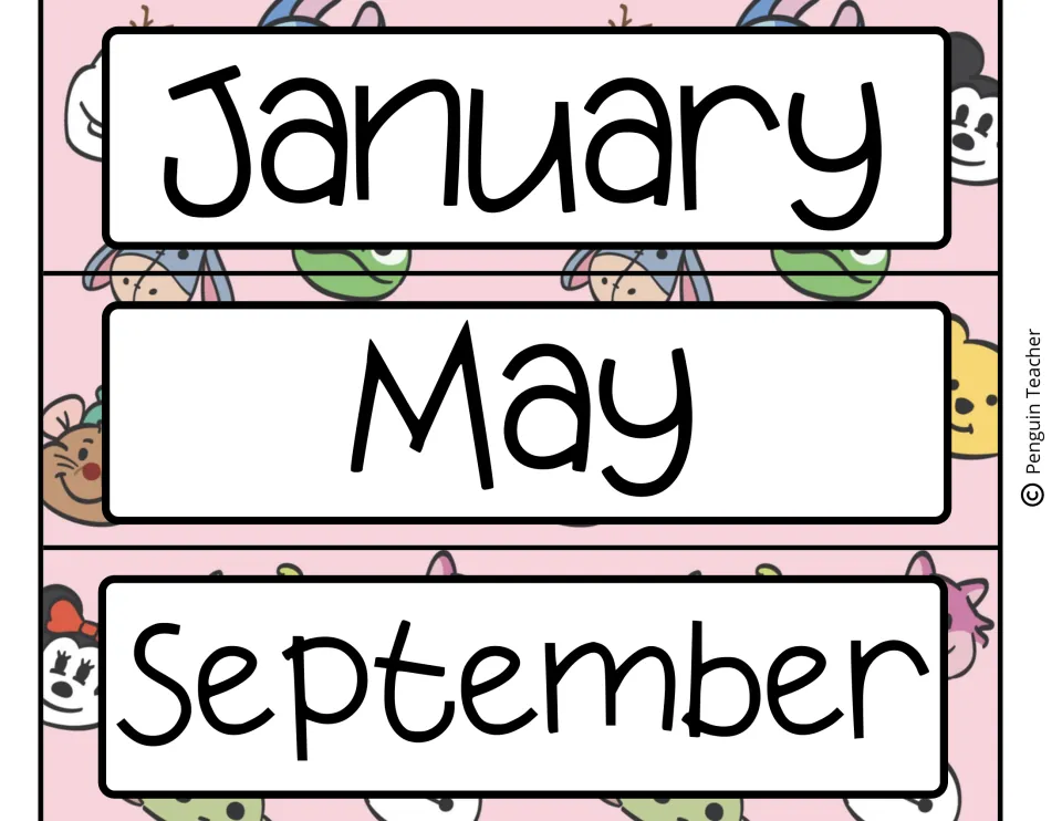 Month name headers January, May and September to cut apart, on a pink background of cartoon character faces