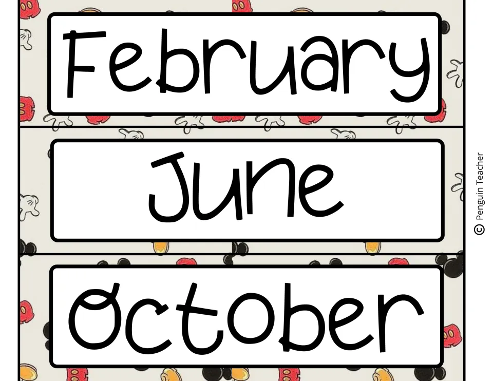 Month name headers February, June and October to cut apart, on a cream Mickey-pattern background of ears and gloves