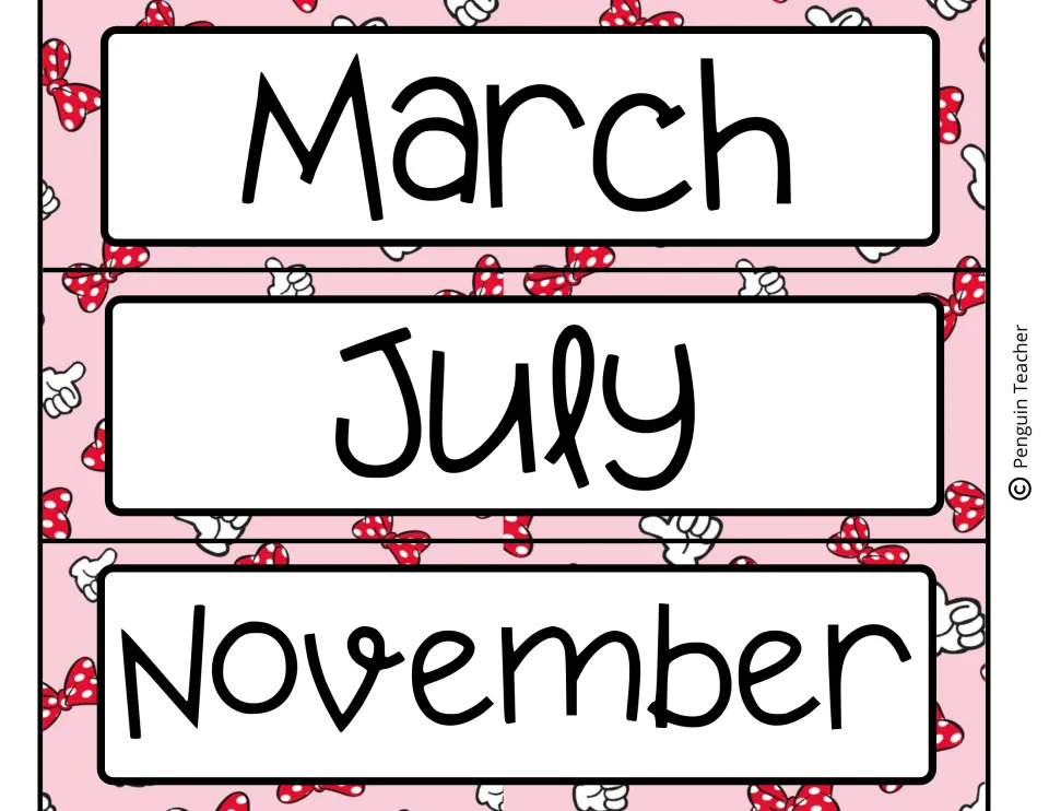 Month name headers March, July and November to cut apart, on a pink background of red polka-dot bows and gloves