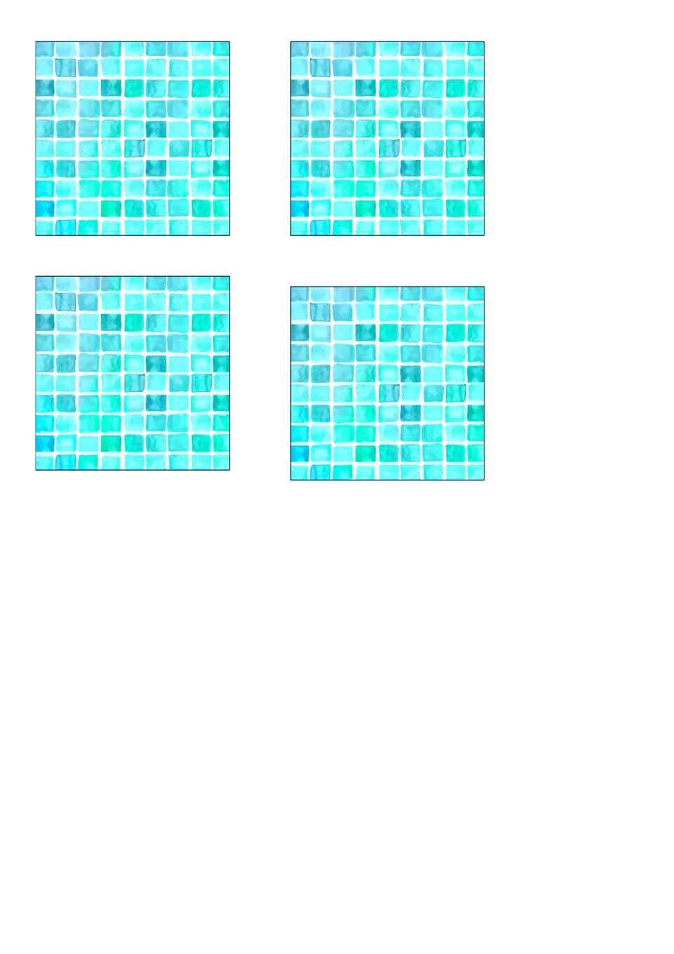 Four square corner pieces in the aqua watercolor tile pattern, cut out to finish the corners where trim strips meet