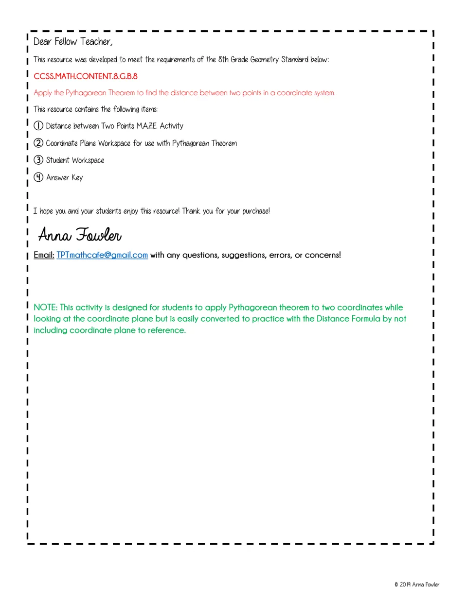 Teacher note: lists the maze, coordinate plane, student workspace and answer key, with a tip to adapt for Distance Formula