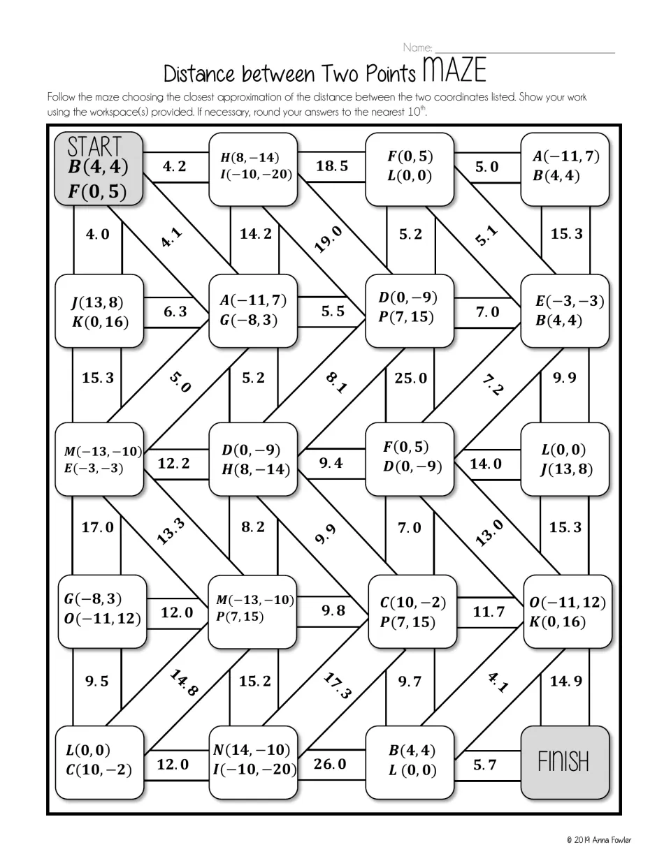 Pythagorean Theorem maze: students find the distance between coordinate pairs like B(4,4) and F(0,5) to pick each path