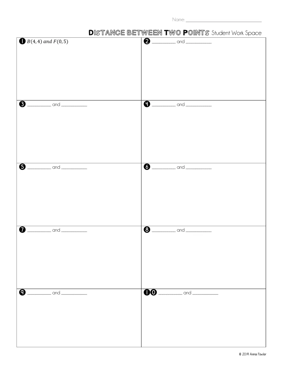 Student work space: ten numbered spots to record each point pair, starting with B(4,4) and F(0,5), and show the calculation