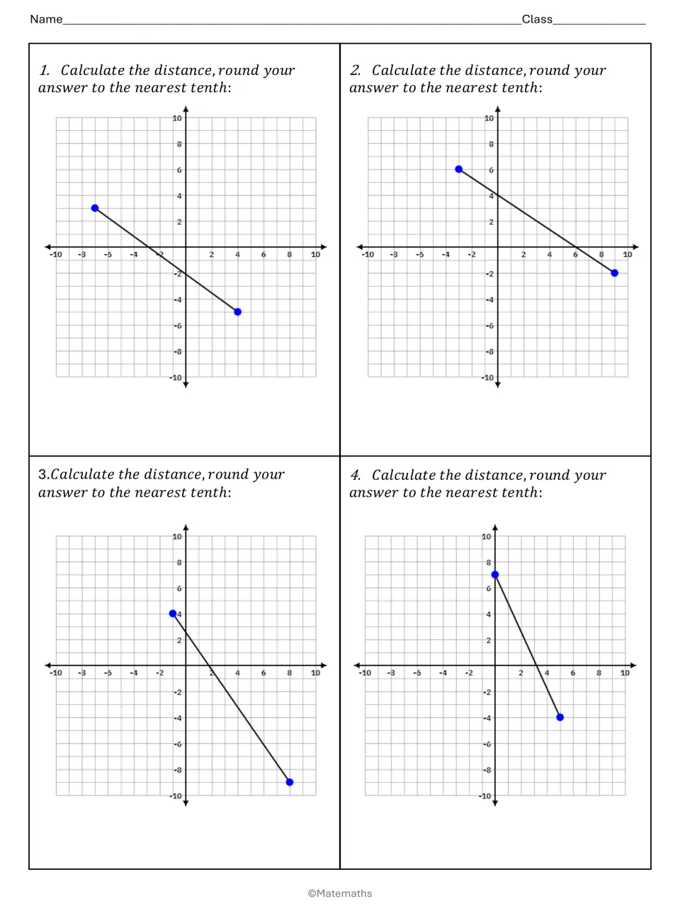 Distance on the coordinate plane, problems 1-4: students find the length of each graphed segment to the nearest tenth