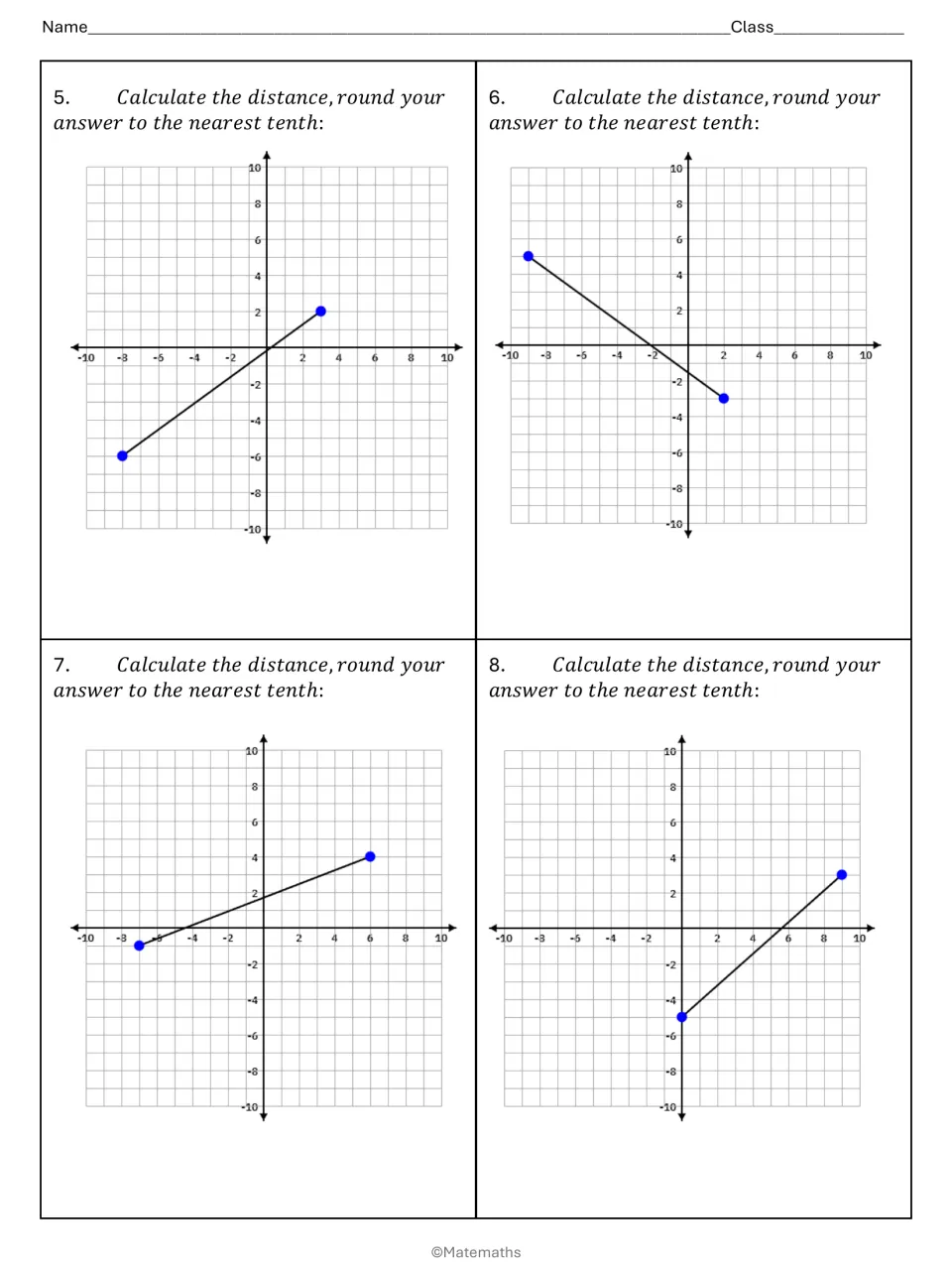 Distance formula practice, problems 5-8: students calculate the length between two plotted points and round to a tenth