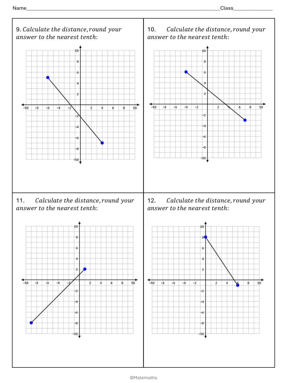 Distance between plotted points, problems 9-12: students compute each segment length, rounded to the nearest tenth