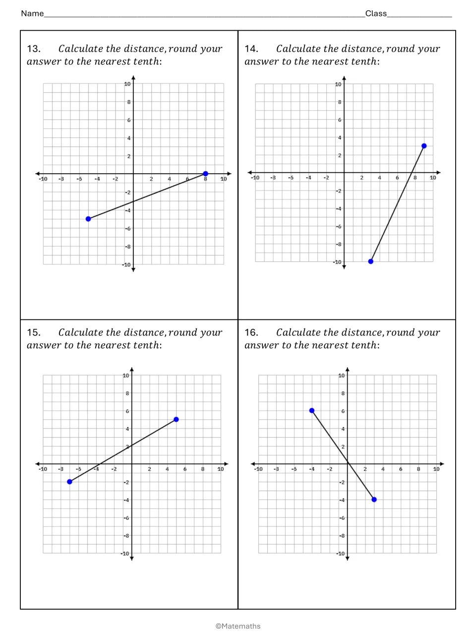 Coordinate distance problems 13-16: students use the two marked endpoints on each graph to find the distance to a tenth