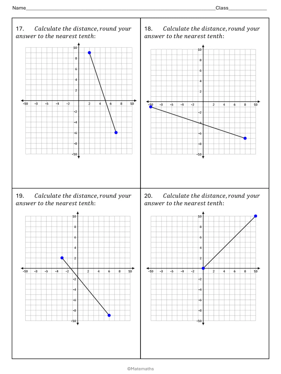 Final distance problems 17-20: students calculate the segment lengths between graphed points and round to the nearest tenth