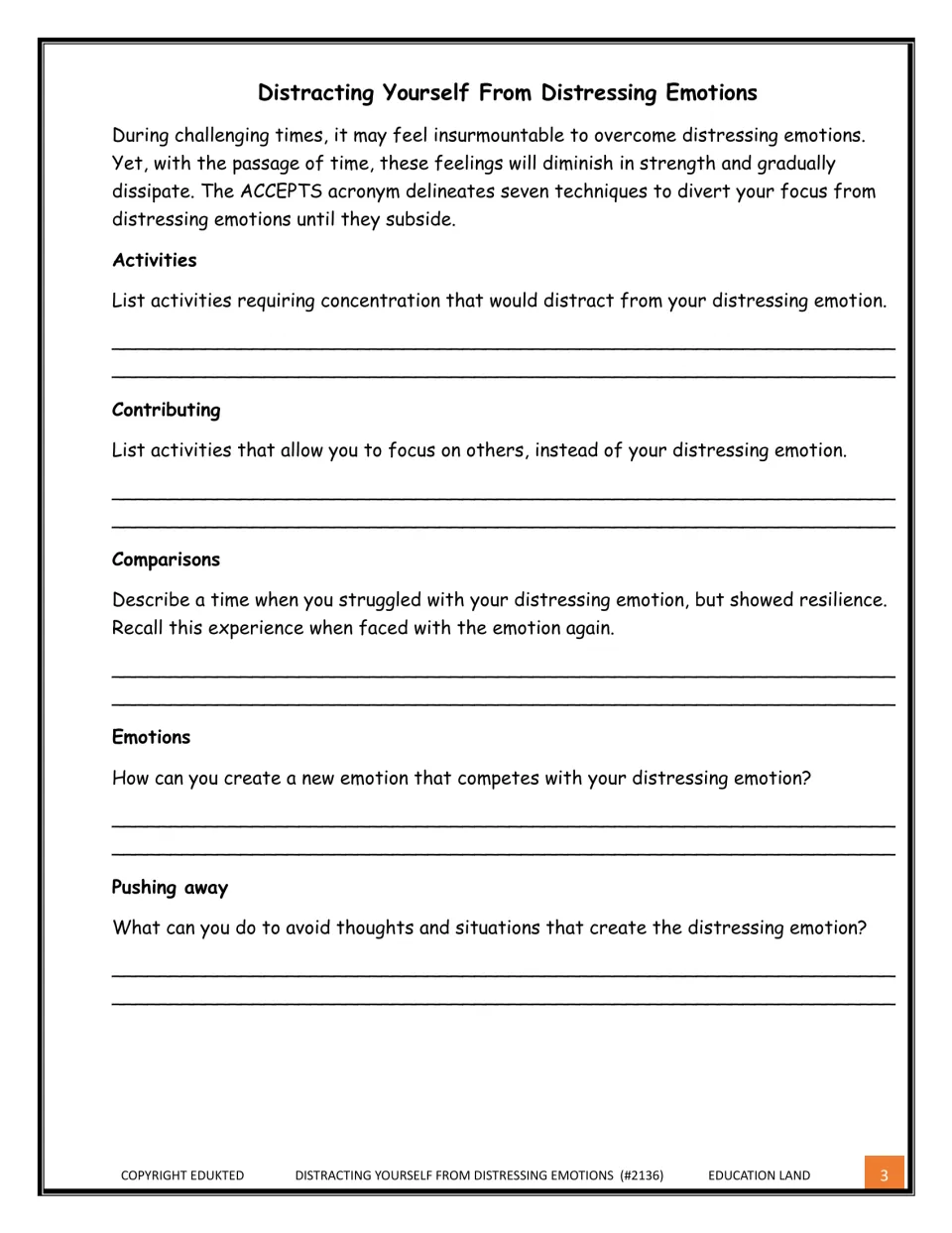 ACCEPTS distraction skills: learners write ideas for Activities, Contributing, Comparisons, Emotions and Pushing away