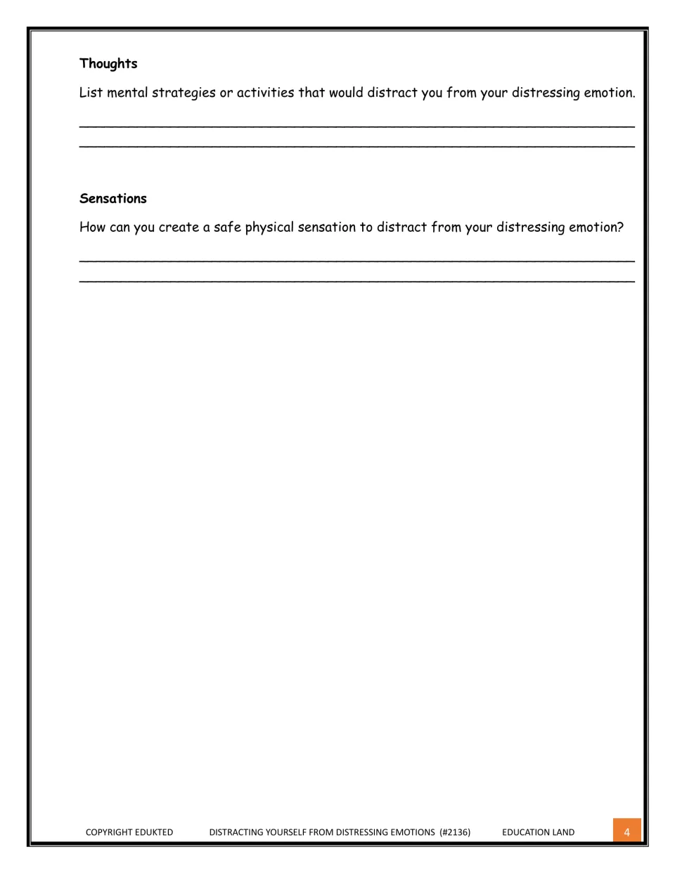 ACCEPTS skills continued: learners list mental distraction strategies and safe physical sensations to try
