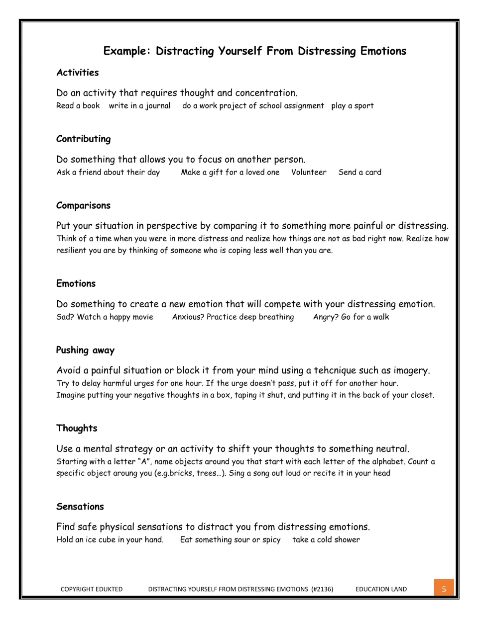 Sample ACCEPTS ideas for each skill, such as reading a book, volunteering, deep breathing and holding an ice cube