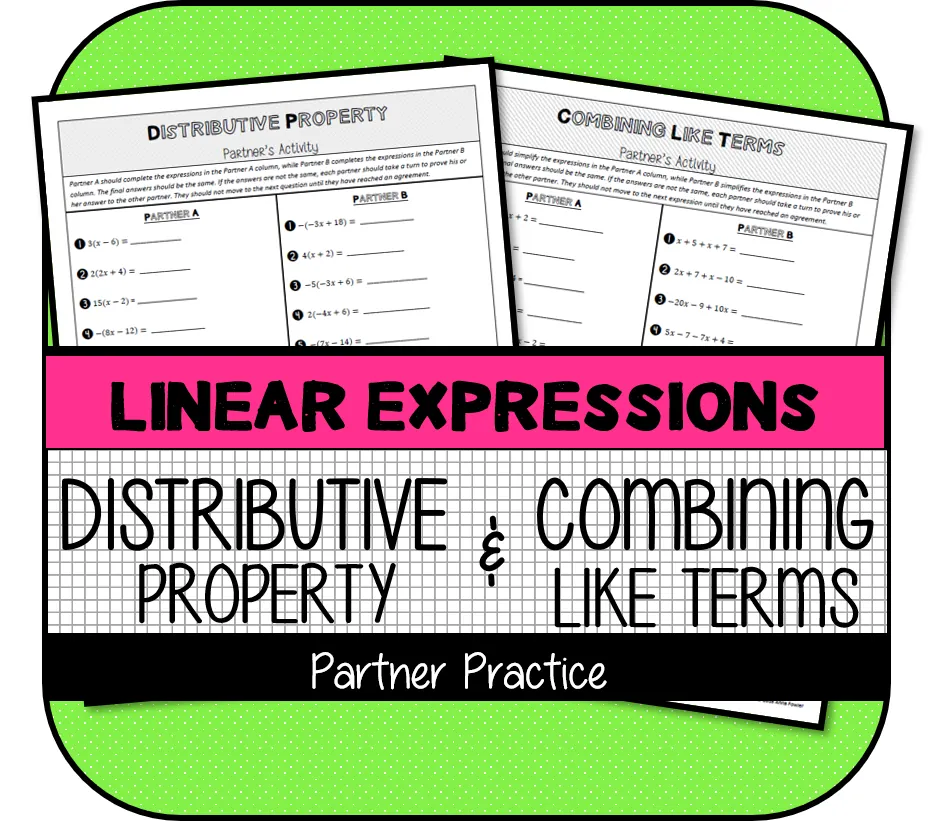 Distributive Property & Combining Like Terms Partner Activity – cover