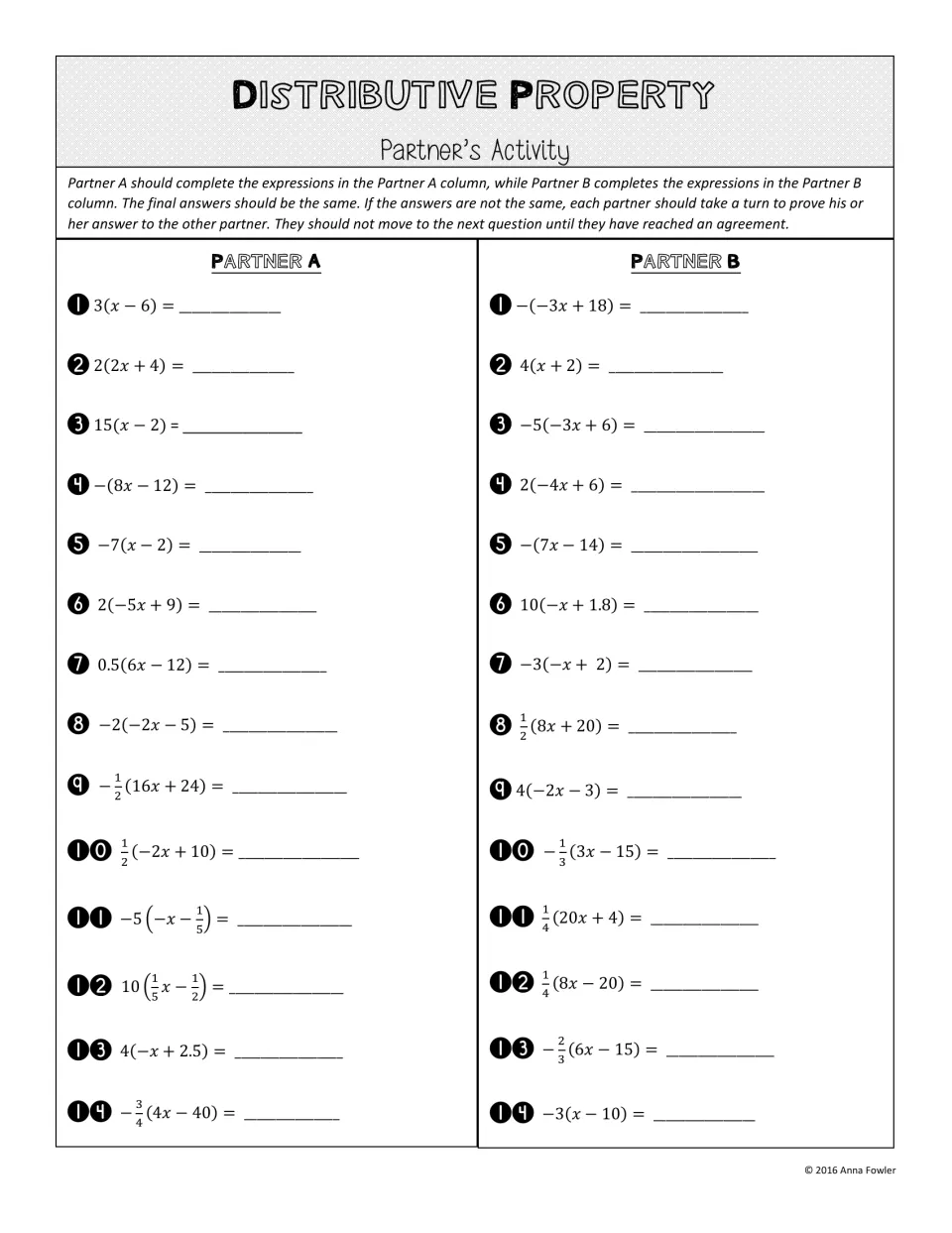 Distributive property partner practice: 14 expression pairs, including 3(x − 6) and −(−3x + 18).