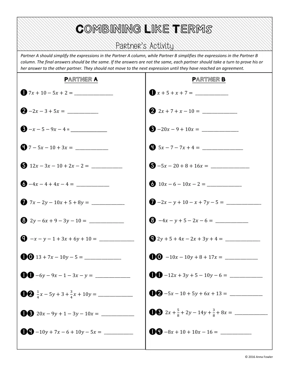 Combining like terms partner practice: 14 expression pairs, including 7x + 10 − 5x + 2 and x + 5 + x + 7.