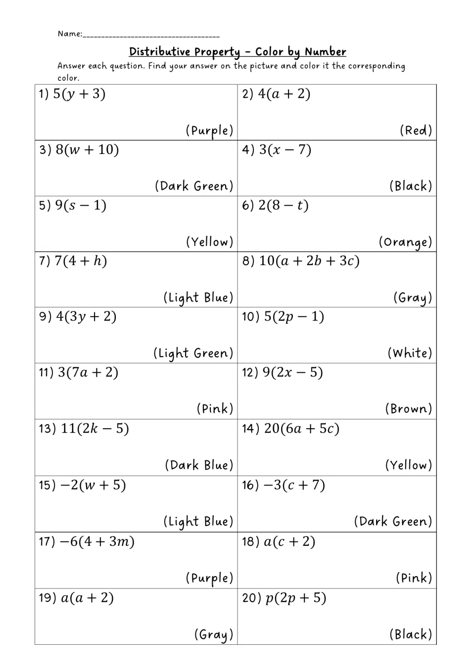 Distributive property: students expand 20 expressions such as 5(y + 3) and -6(4 + 3m), each paired with a color to use