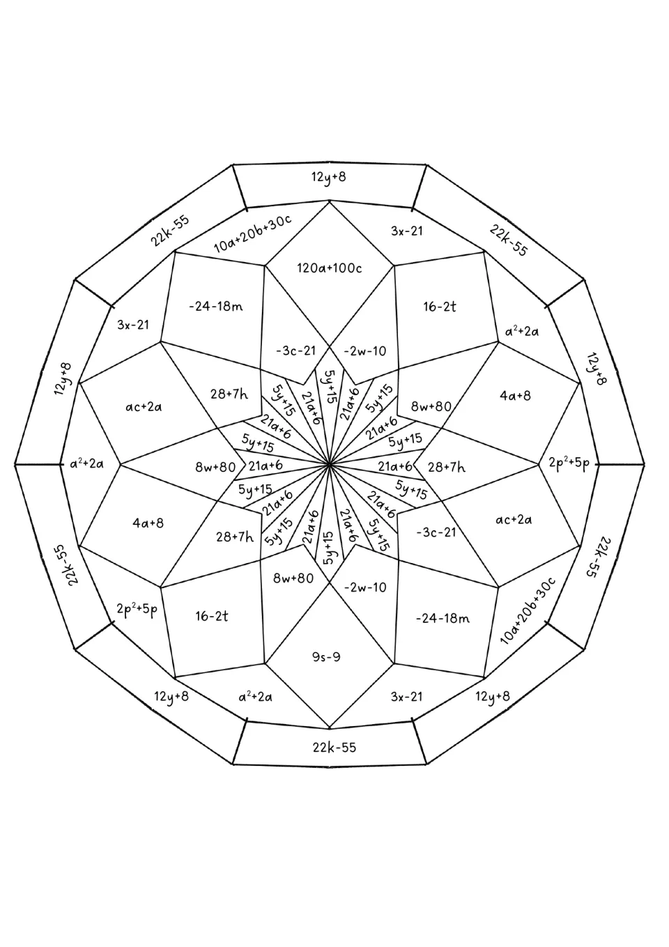 Expanded-expression mandala: students find each answer, such as 12y+8 or 22k-55, in the design and color it to match