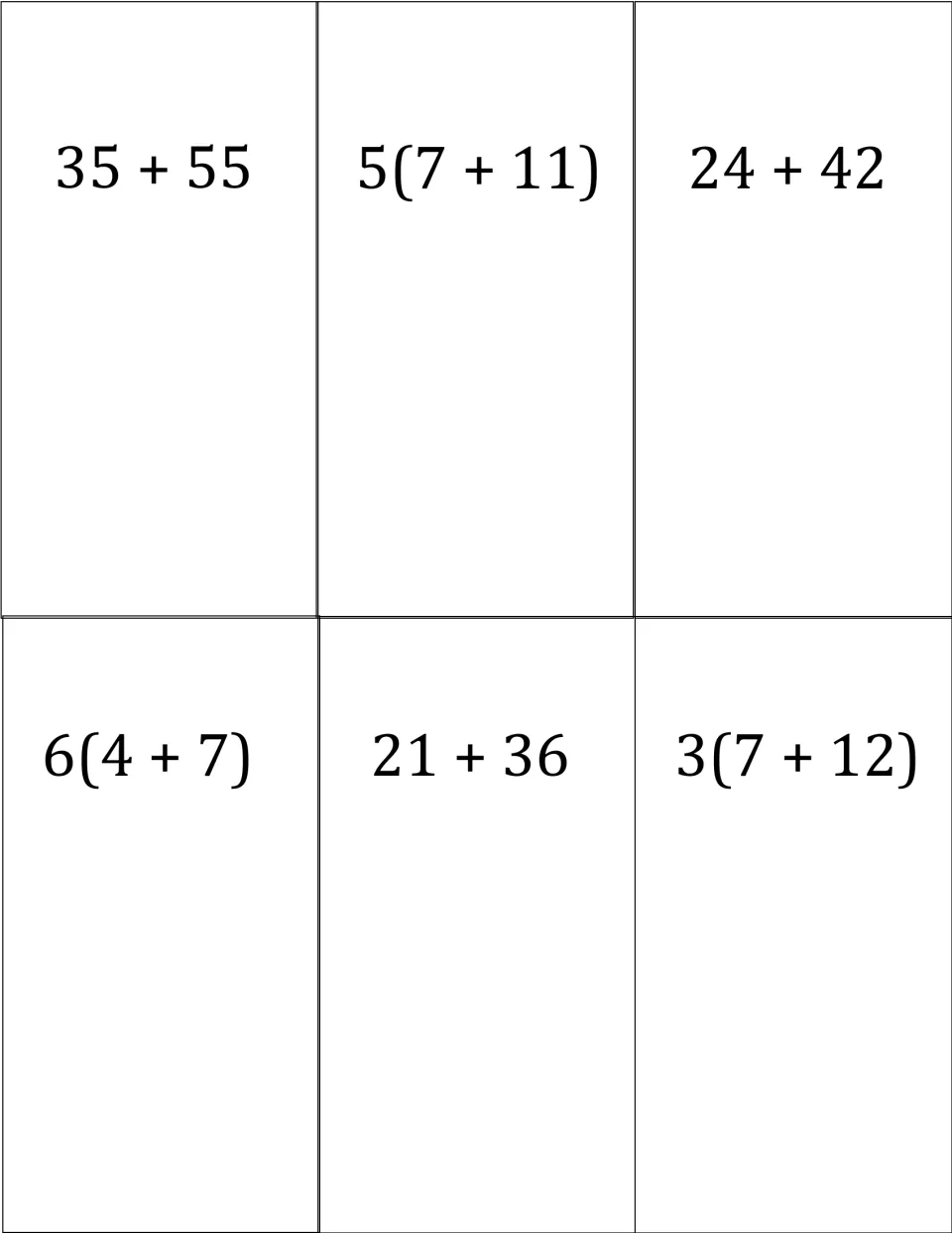 Cards to cut out: sums 35 + 55, 24 + 42, 21 + 36 and factored forms 5(7 + 11), 6(4 + 7), 3(7 + 12) for GCF matching