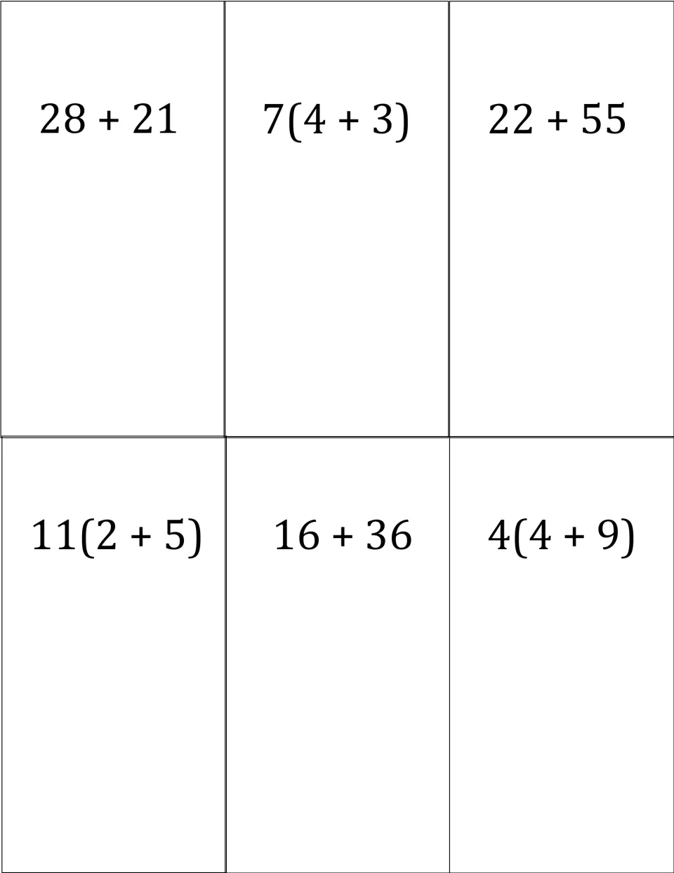 Six game cards: 28 + 21, 22 + 55, 16 + 36 to pair with 7(4 + 3), 11(2 + 5) and 4(4 + 9) by factoring out the GCF
