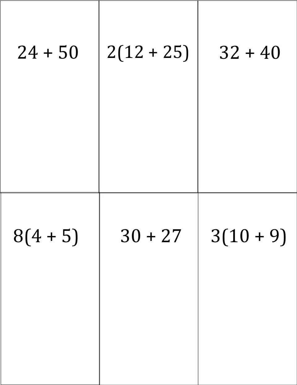 Matching cards for factoring out a common factor: 24 + 50, 32 + 40, 30 + 27 alongside 2(12 + 25), 8(4 + 5), 3(10 + 9)