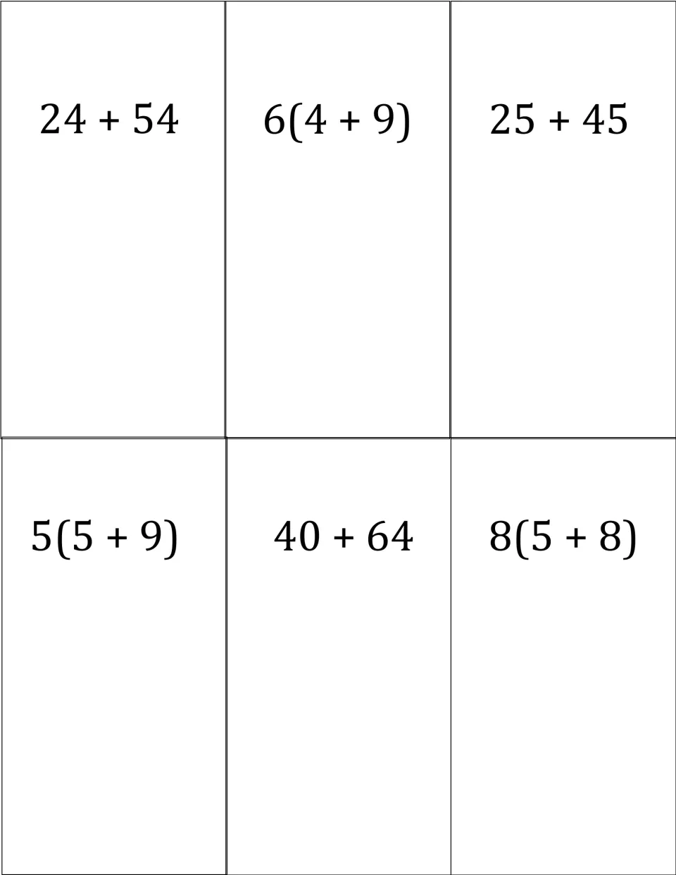 Last card set: sums 24 + 54, 25 + 45, 40 + 64 and factored expressions 6(4 + 9), 5(5 + 9), 8(5 + 8) to match as pairs