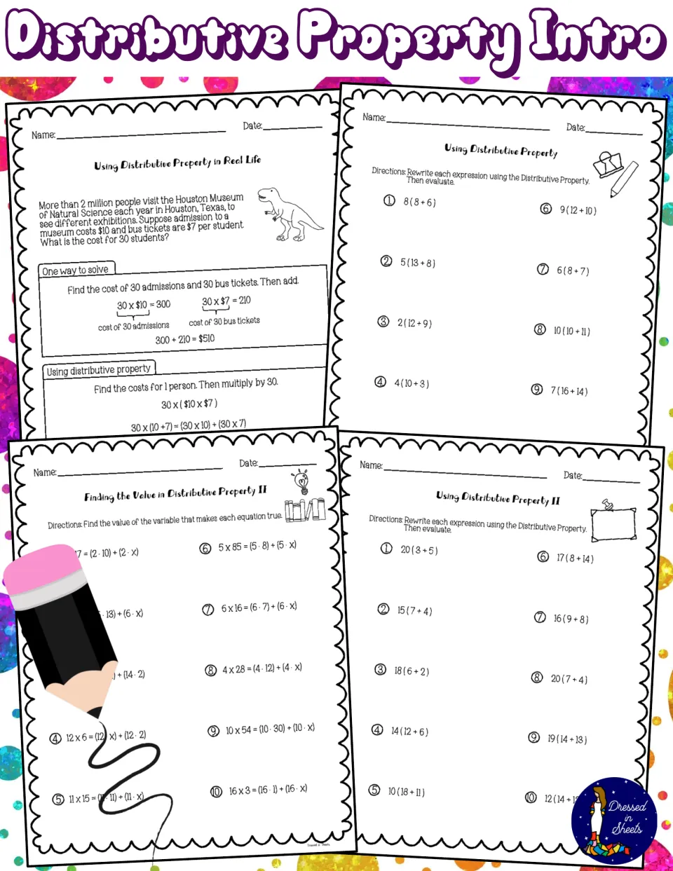 Distributive Property Intro cover showing four worksheets: a real-life museum cost problem, rewriting and finding variables
