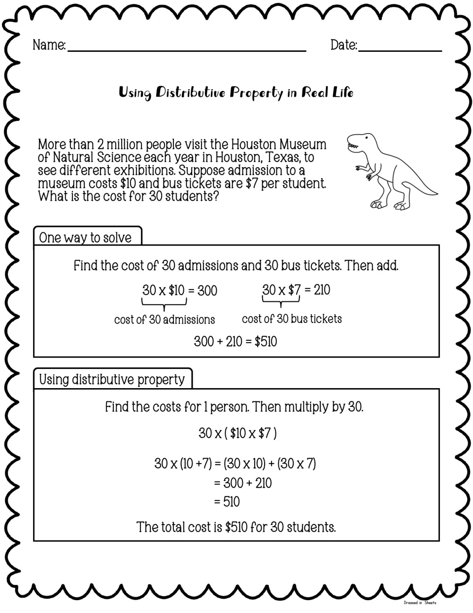 Distributive property in real life: a worked museum trip problem finds the $510 cost for 30 students two ways