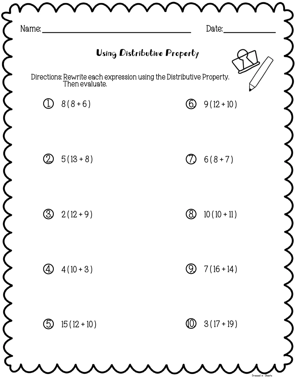 Distributive property: students rewrite 10 expressions such as 8(8+6) and 3(17+19) as sums of products, then evaluate