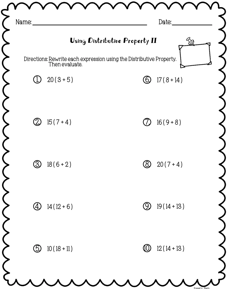 Distributive property practice II: students rewrite and evaluate 10 more expressions, from 20(3+5) to 12(14+13)