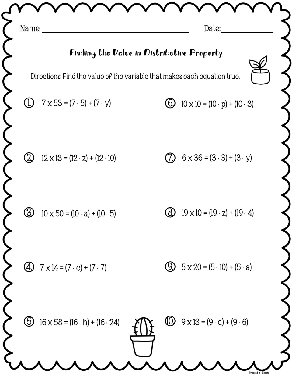 Distributive property, missing values: students solve for the variable in 10 equations like 7 x 53 = (7 · 5) + (7 · y)