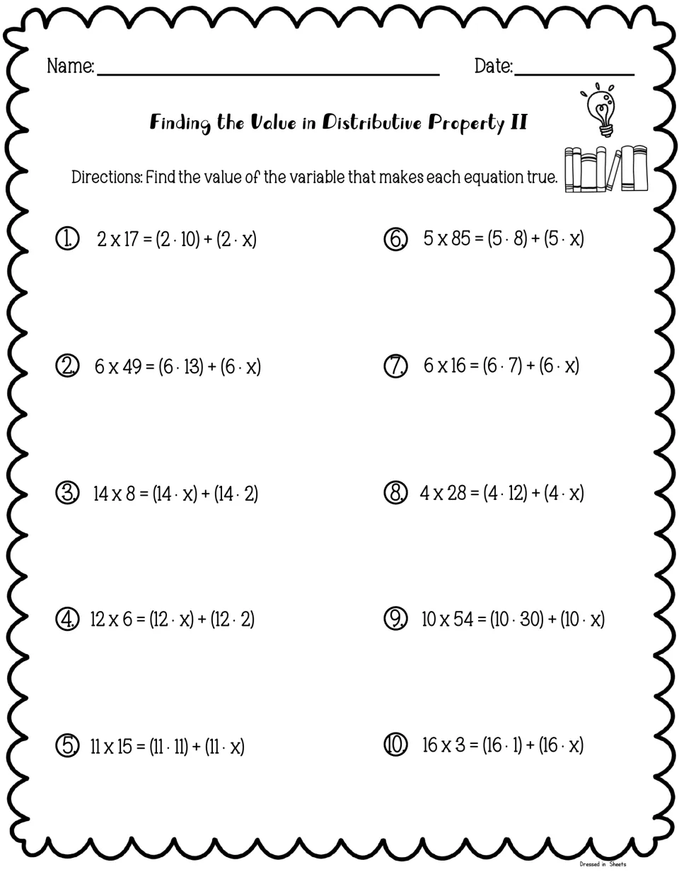 Missing values II: students find x in 10 more distributive equations, such as 11 x 15 = (11 · 11) + (11 · x)