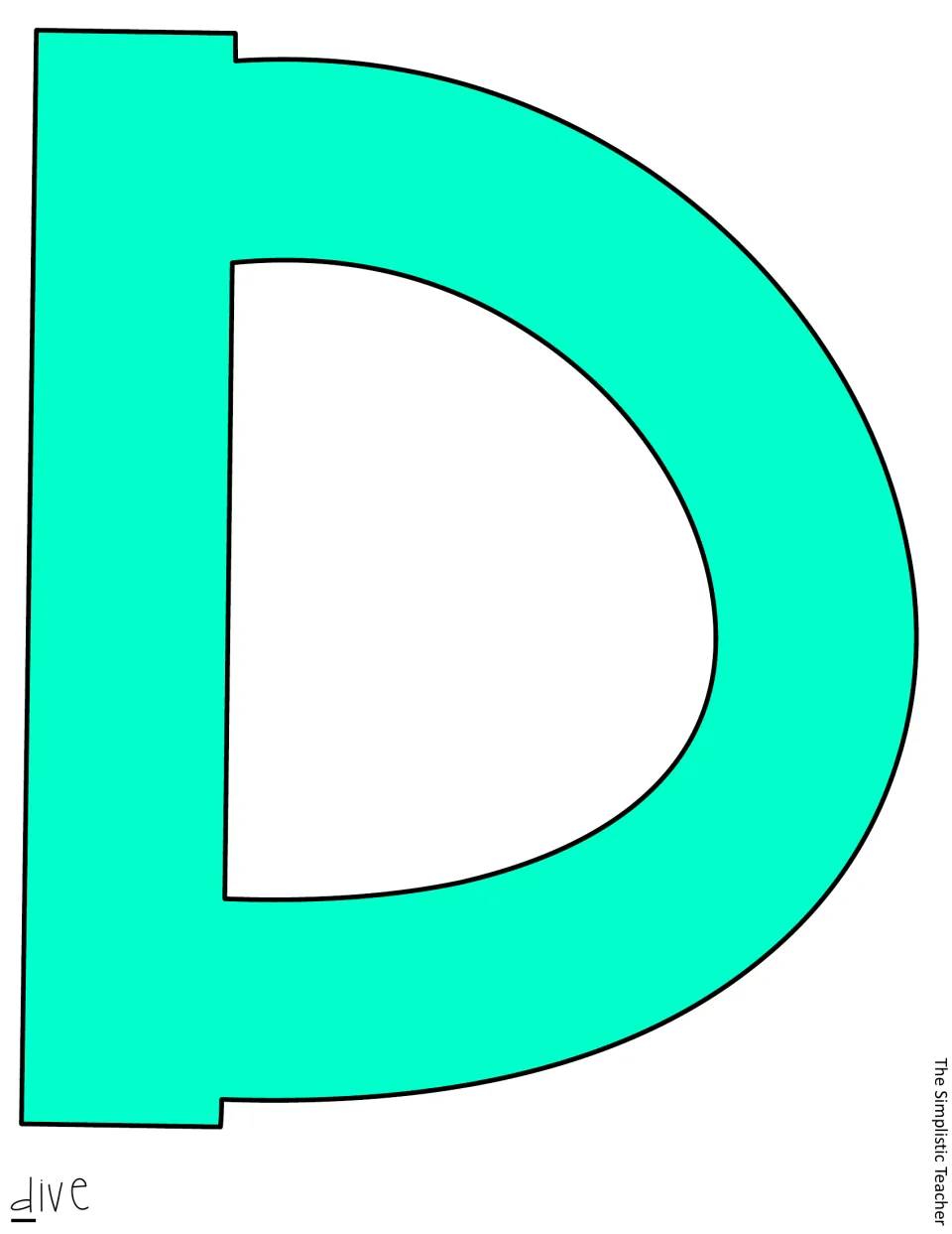 Turquoise capital D cutout for the summer display title, the first letter of 'Dive,' printed on its own