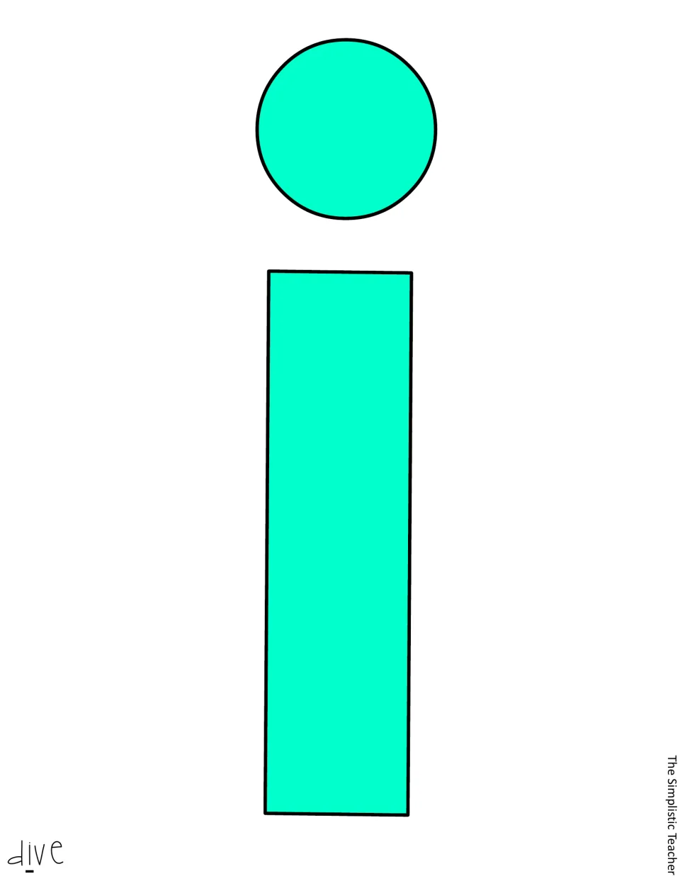 Turquoise lowercase i cutout for the summer display title, the second letter of 'Dive,' with a separate dot