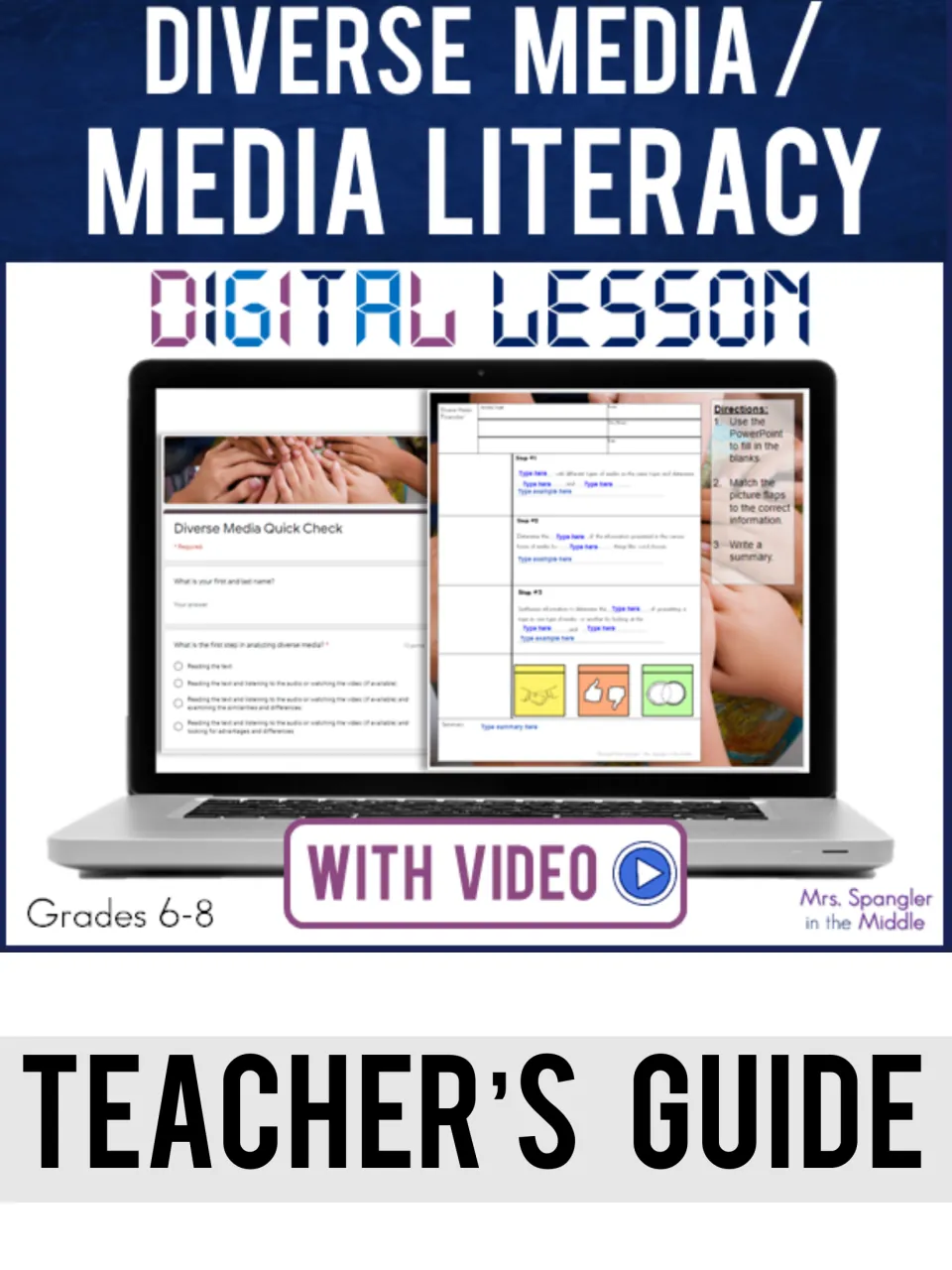Teacher’s guide cover for Diverse Media Digital Lesson, labeled media literacy, with video, grades 6–8