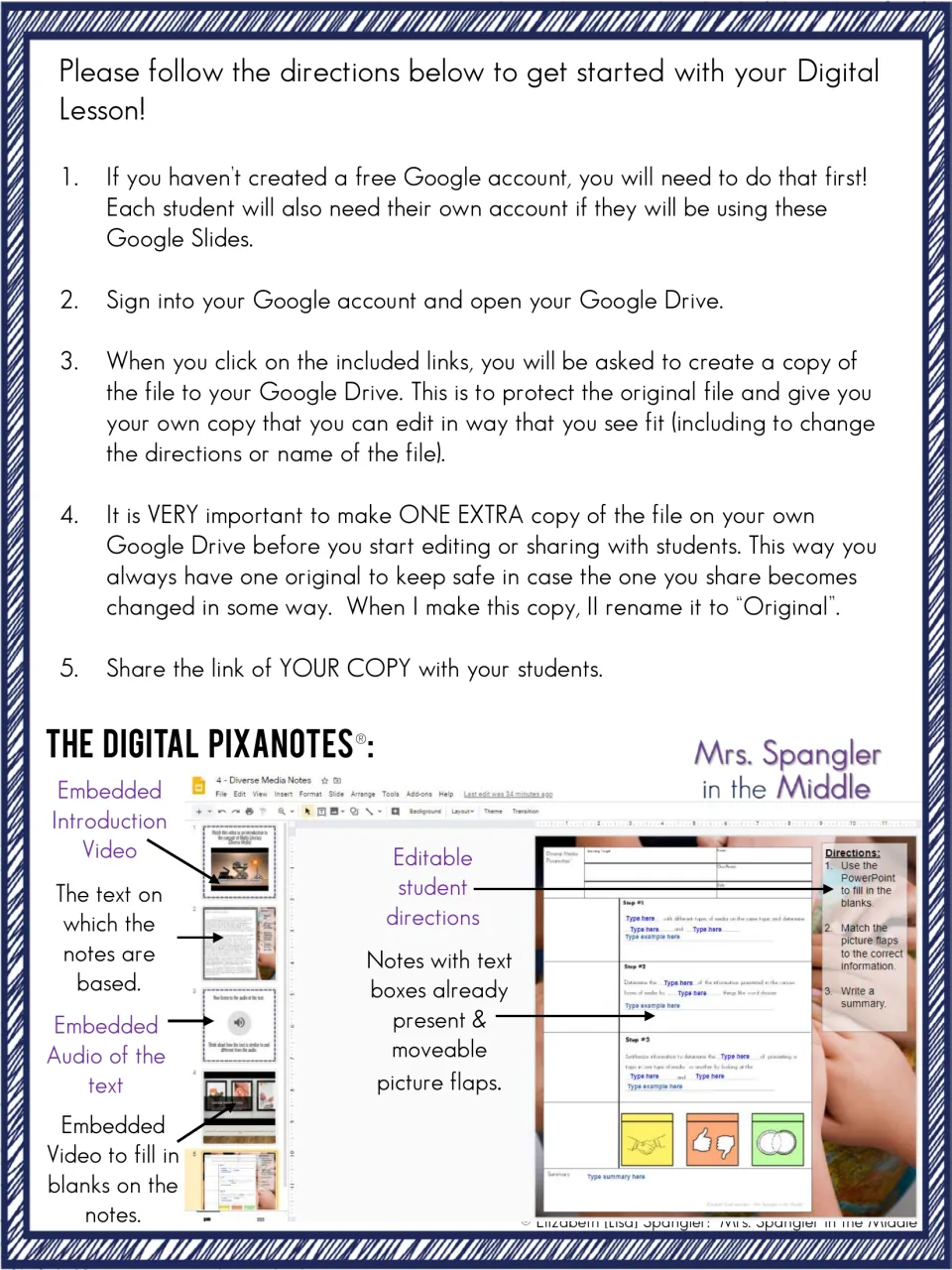 Digital lesson setup explains Google accounts, copying files, saving an original, and student note features