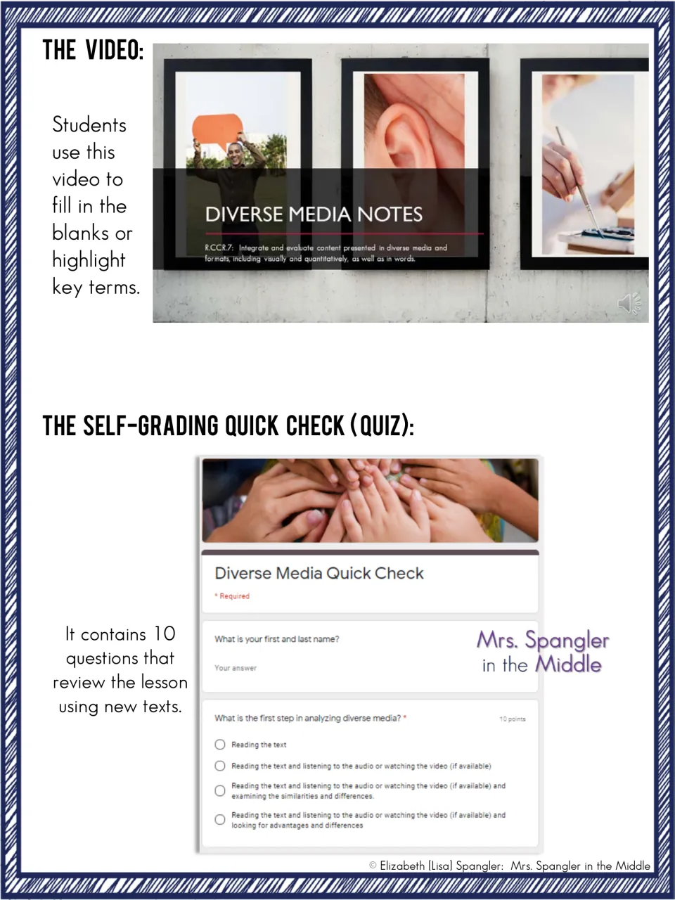 Teacher guide explains the note-taking video and a 10-question self-grading Quick Check using new texts