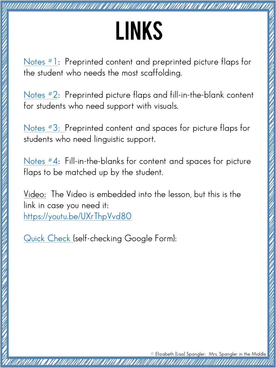 Lesson access links for Notes #1–4, with scaffolding descriptions, the embedded video, and the Quick Check